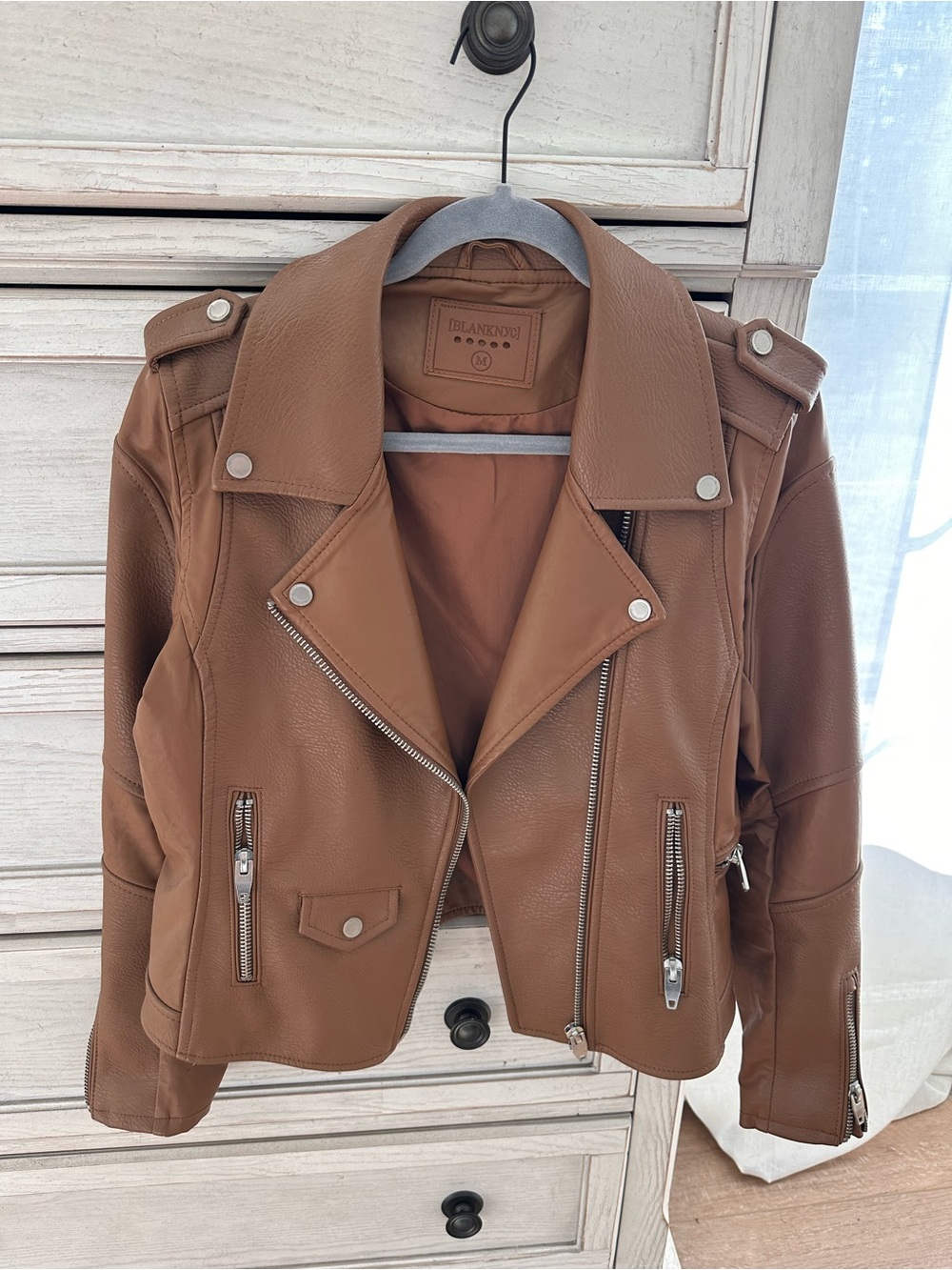 Blank NYC Cognac Brown Faux Leather Moto Jacket